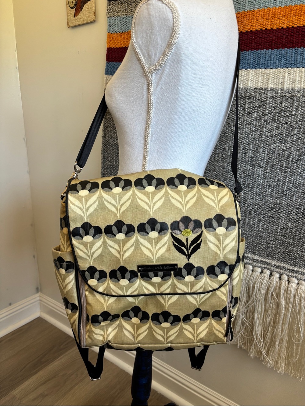 Petunia Pickle Bottom Beige and Black Floral Convertible Diaper Bag Backpack
